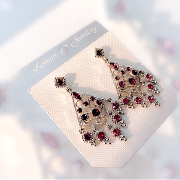 Silvertone Dangle Purple Crystal Earrings - Picture 3 of 5